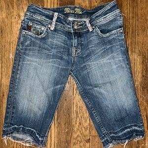 Miss Me Jeans Shorts. Long Skinny Jean Shorts With Camo and Jewels, Size 26